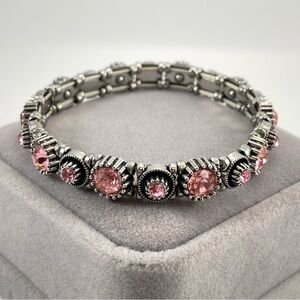 Stunning Unsigned Silver Tone Pink Glass Crystal Rhinestone Stretch Bracelet